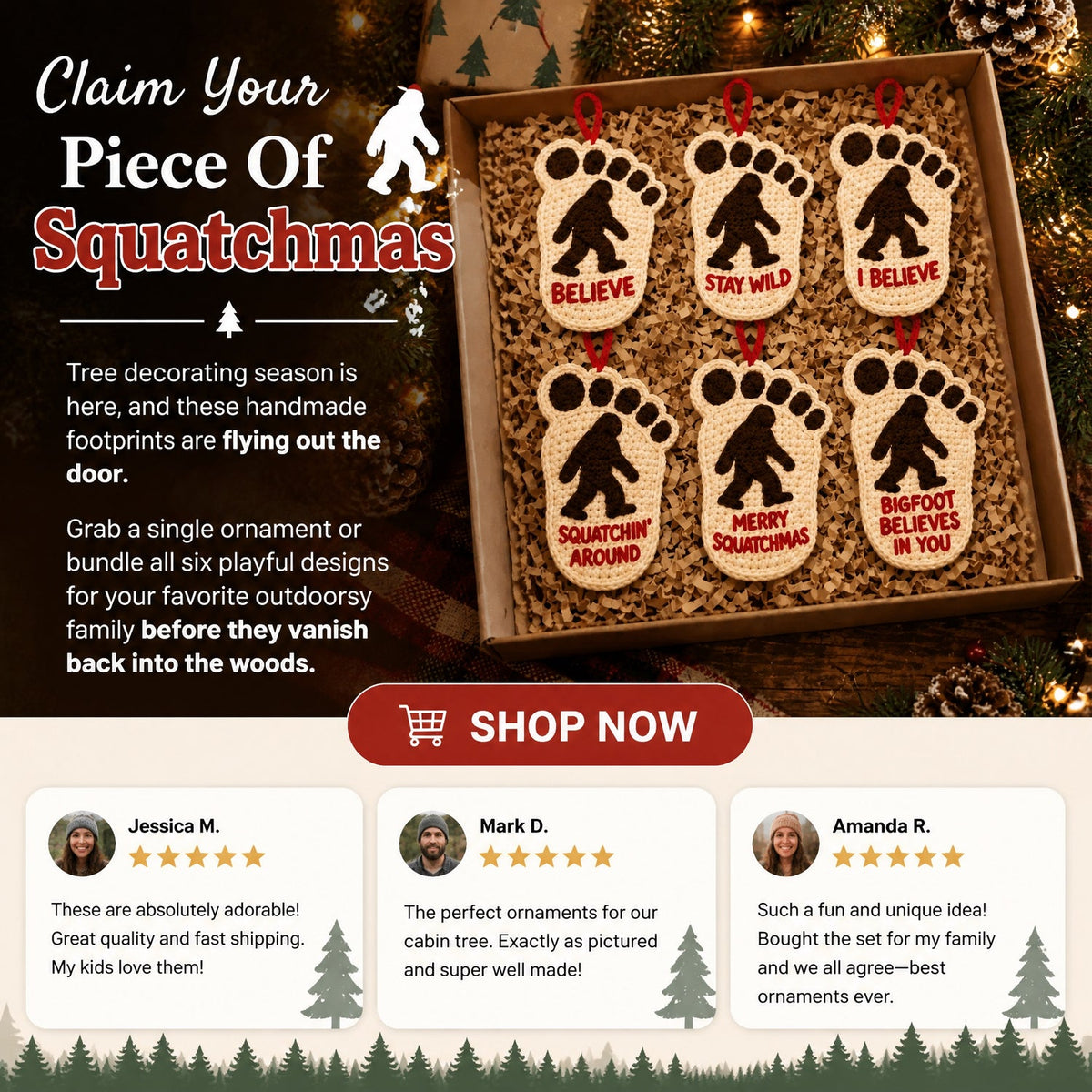 Six Bigfoot Christmas ornaments in rustic gift packaging with seasonal decorations
