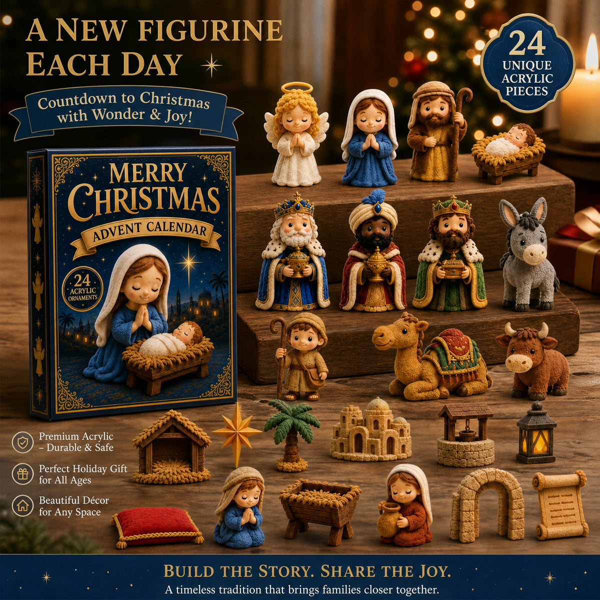 Nativity-themed Advent calendar with illustrated angel, Mary, Joseph, wise men, and other designs