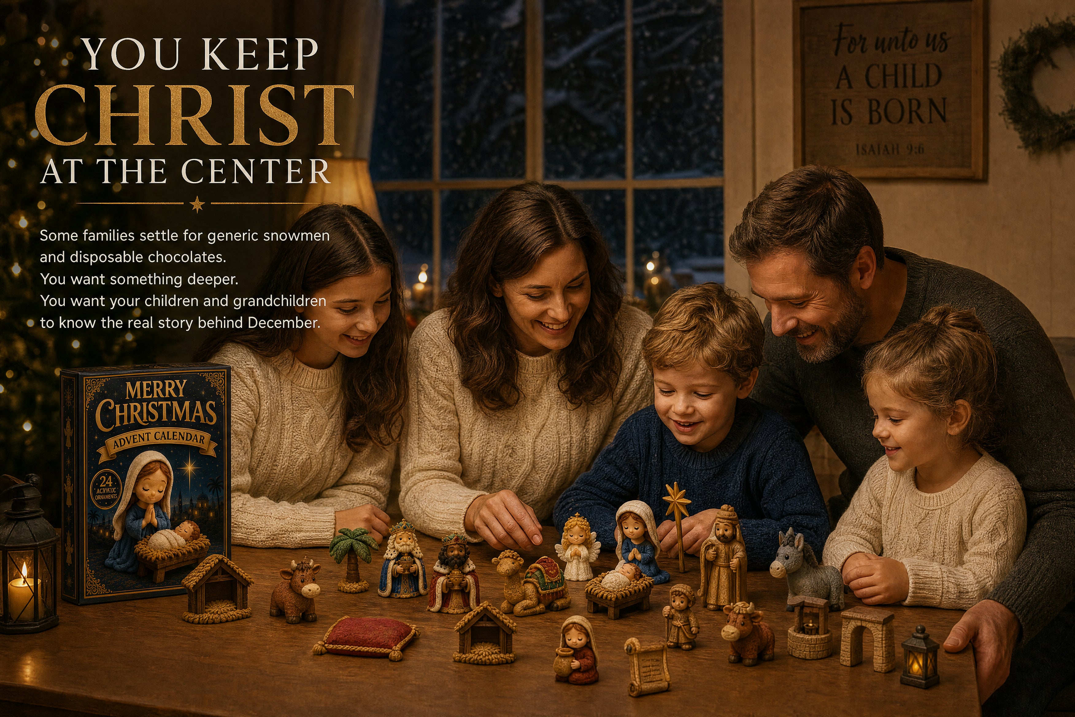 Family gathered around a Nativity Advent Calendar