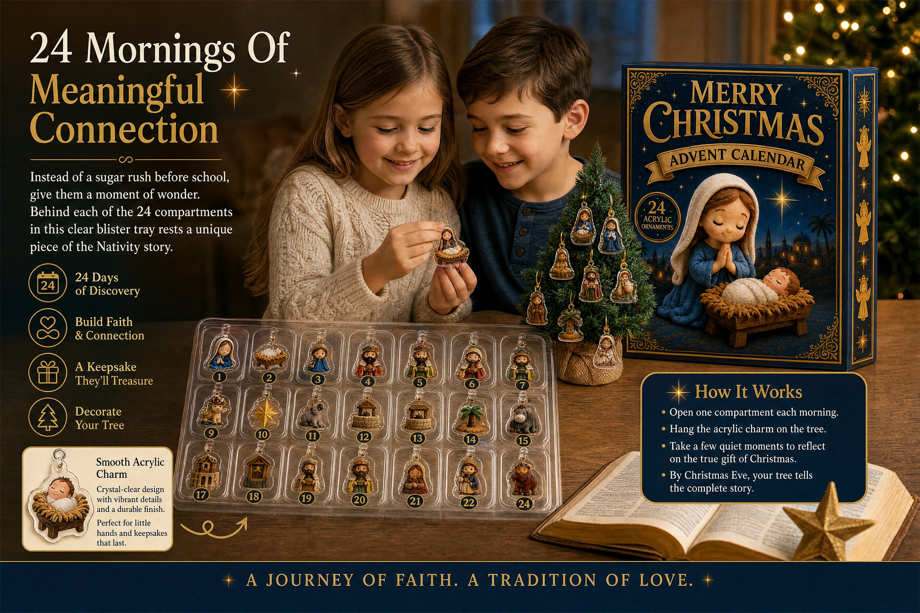 Children discovering Nativity ornaments in the 24-day Advent Calendar