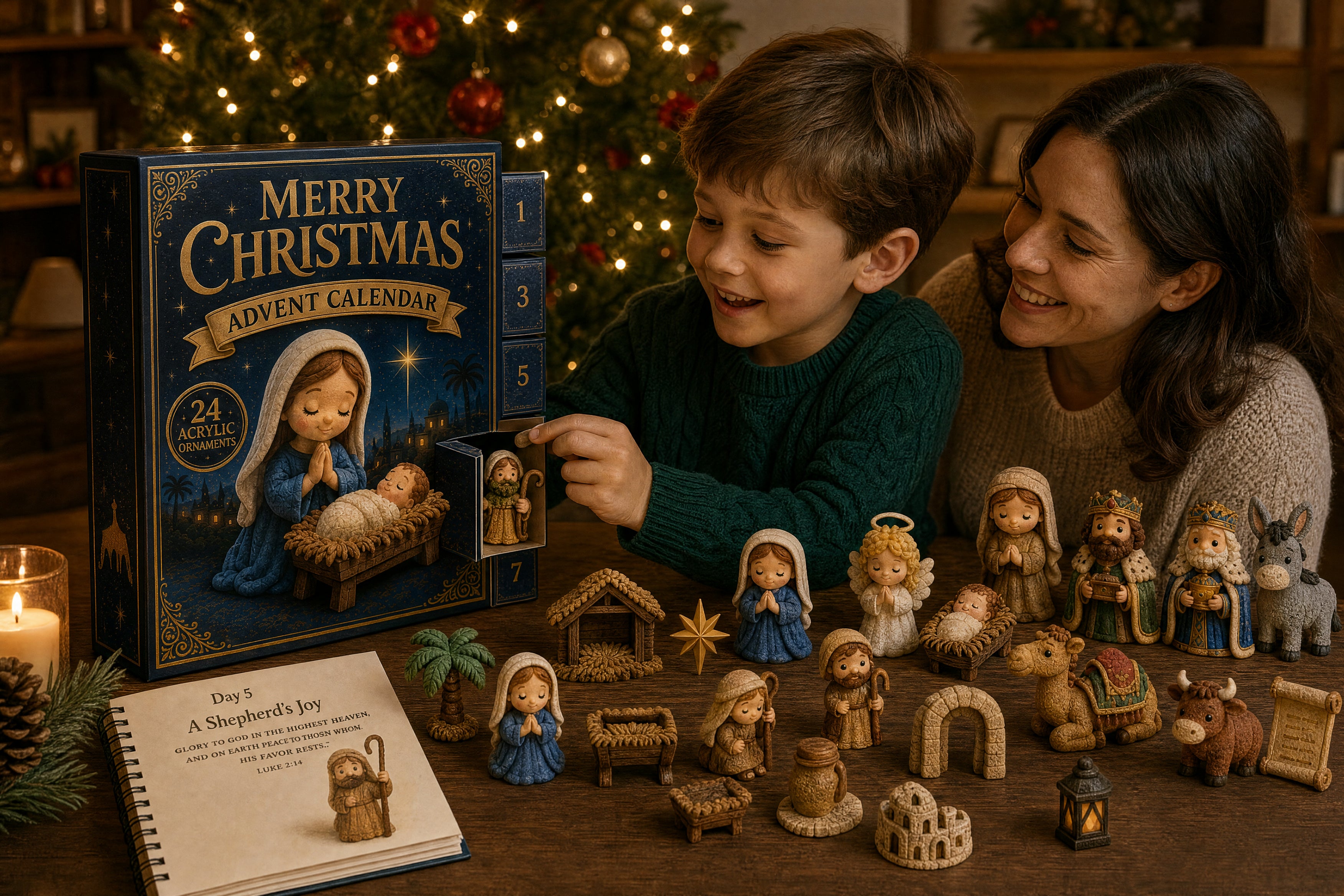 Opening a compartment of the Christmas Nativity Advent Calendar