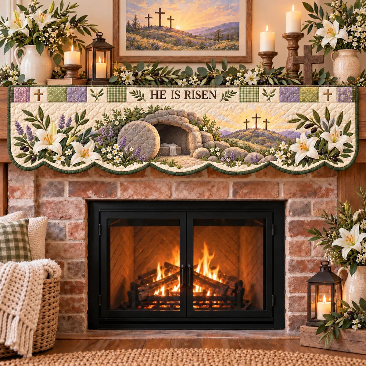 ⏳ Last Day 50% OFF – ✝️ Easter Faith Quilted Mantel Scarf | Patchwork Christian Fireplace Décor for Spring & Easter 🌷