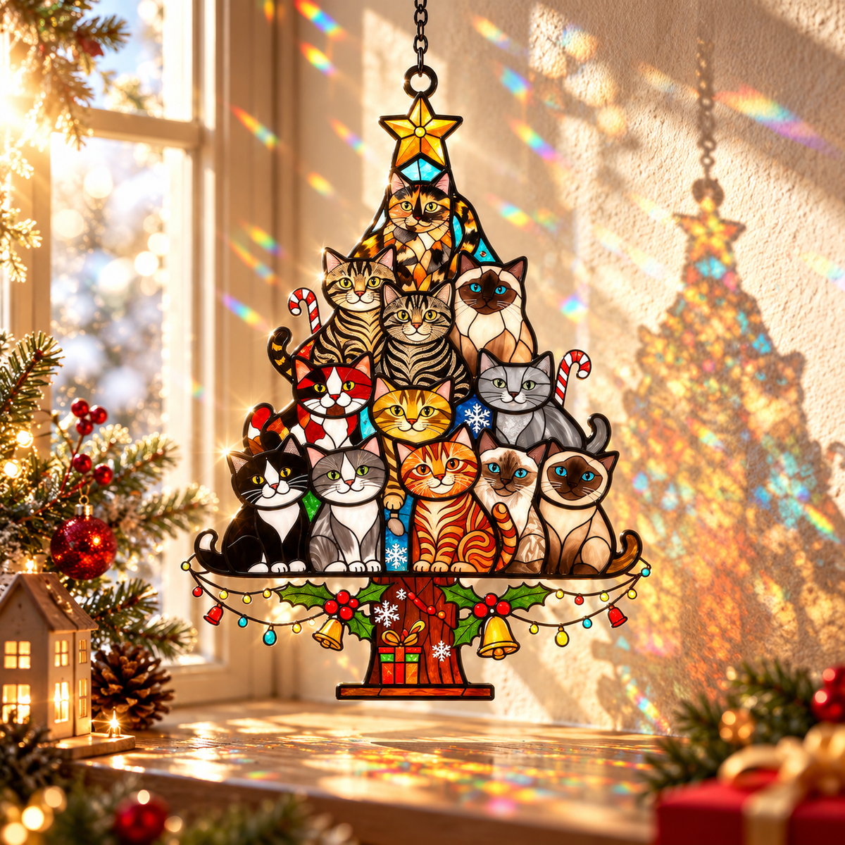 🐱 Cat Christmas Tree Suncatcher – A Purr-fect Gift for Cat Lovers! 🌈
