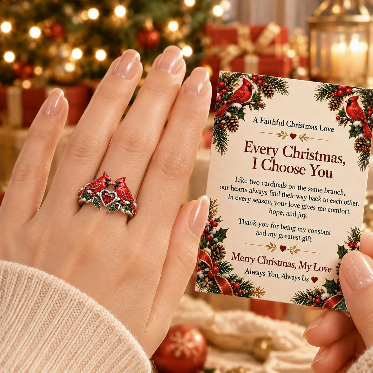 🐦 Cardinal Couple Christmas Ring with Message Card