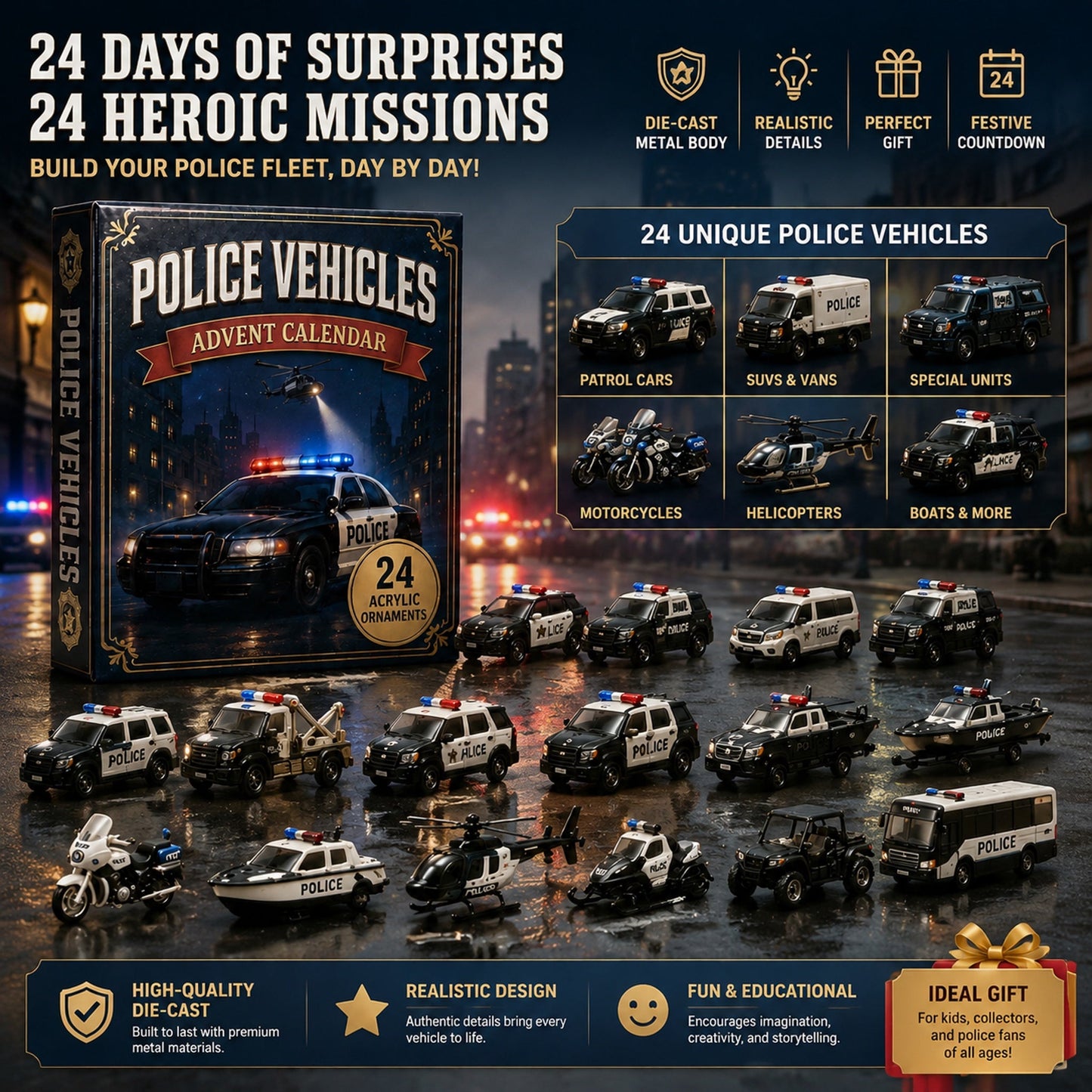 Police Vehicles Fleet Advent Calendar 2026 - 24-Day Festive Countdown, Acrylic Charms Blind Box