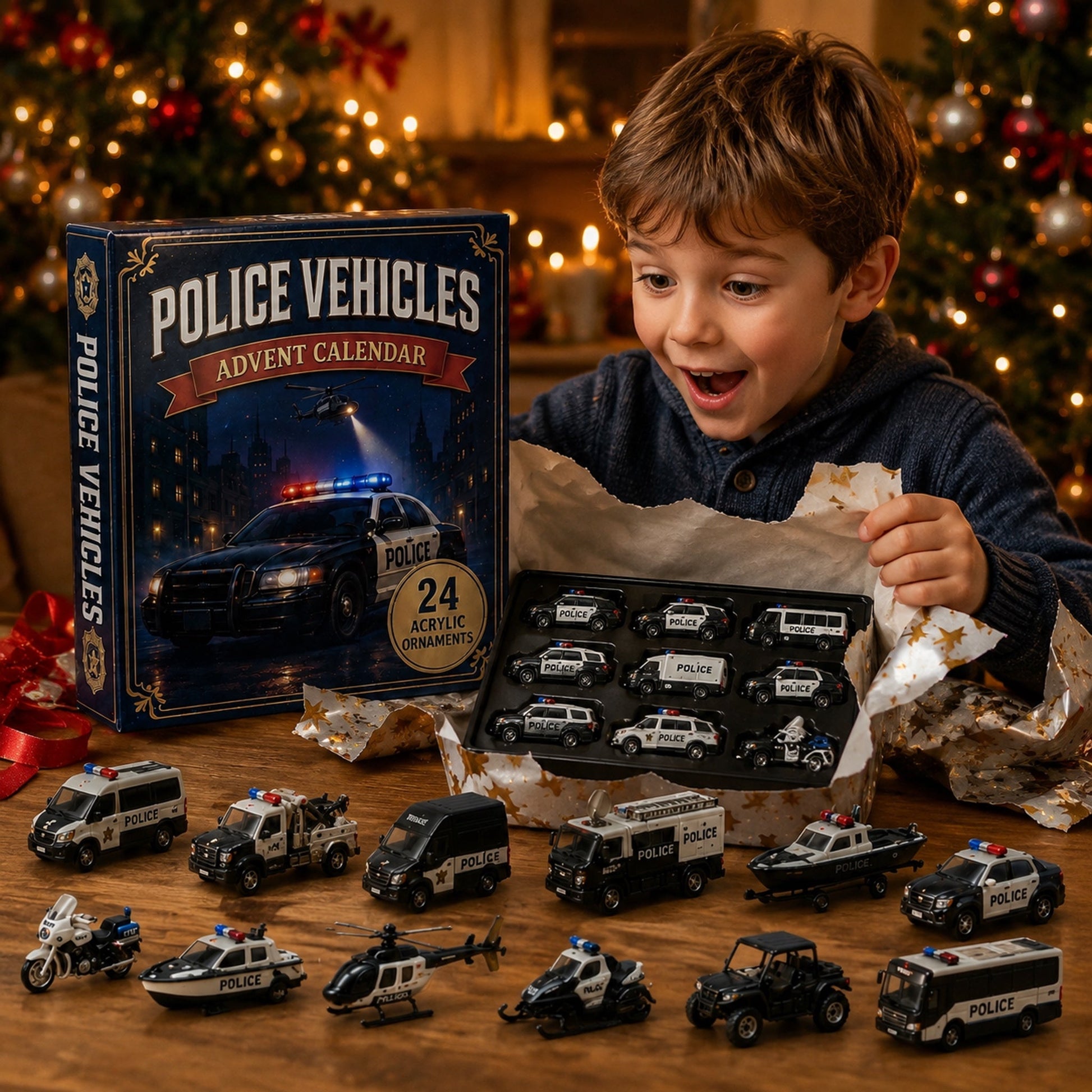 Police Vehicles Fleet Advent Calendar 2026 - 24-Day Festive Countdown, Acrylic Charms Blind Box