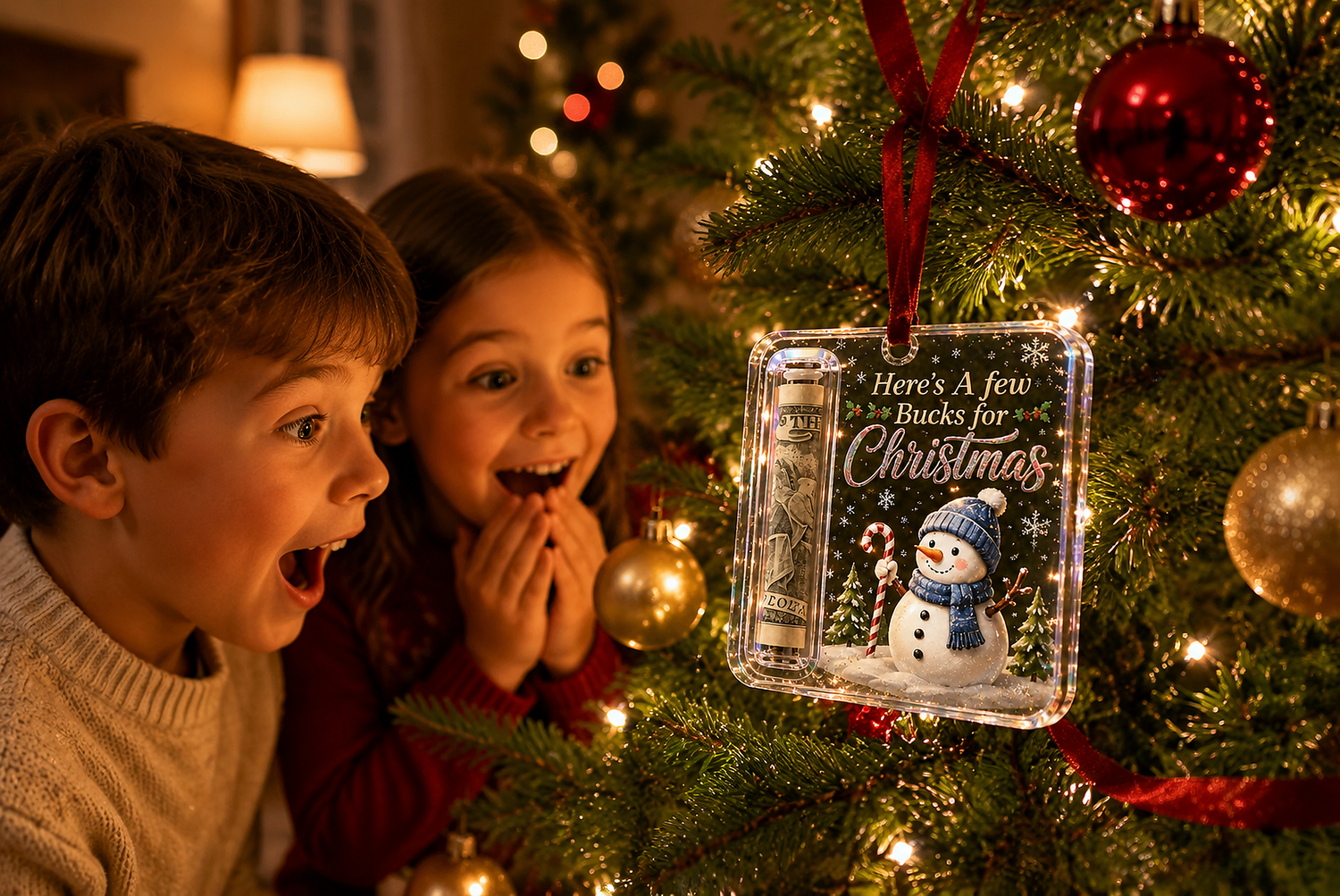 Cash gift ornament hanging on a Christmas tree
