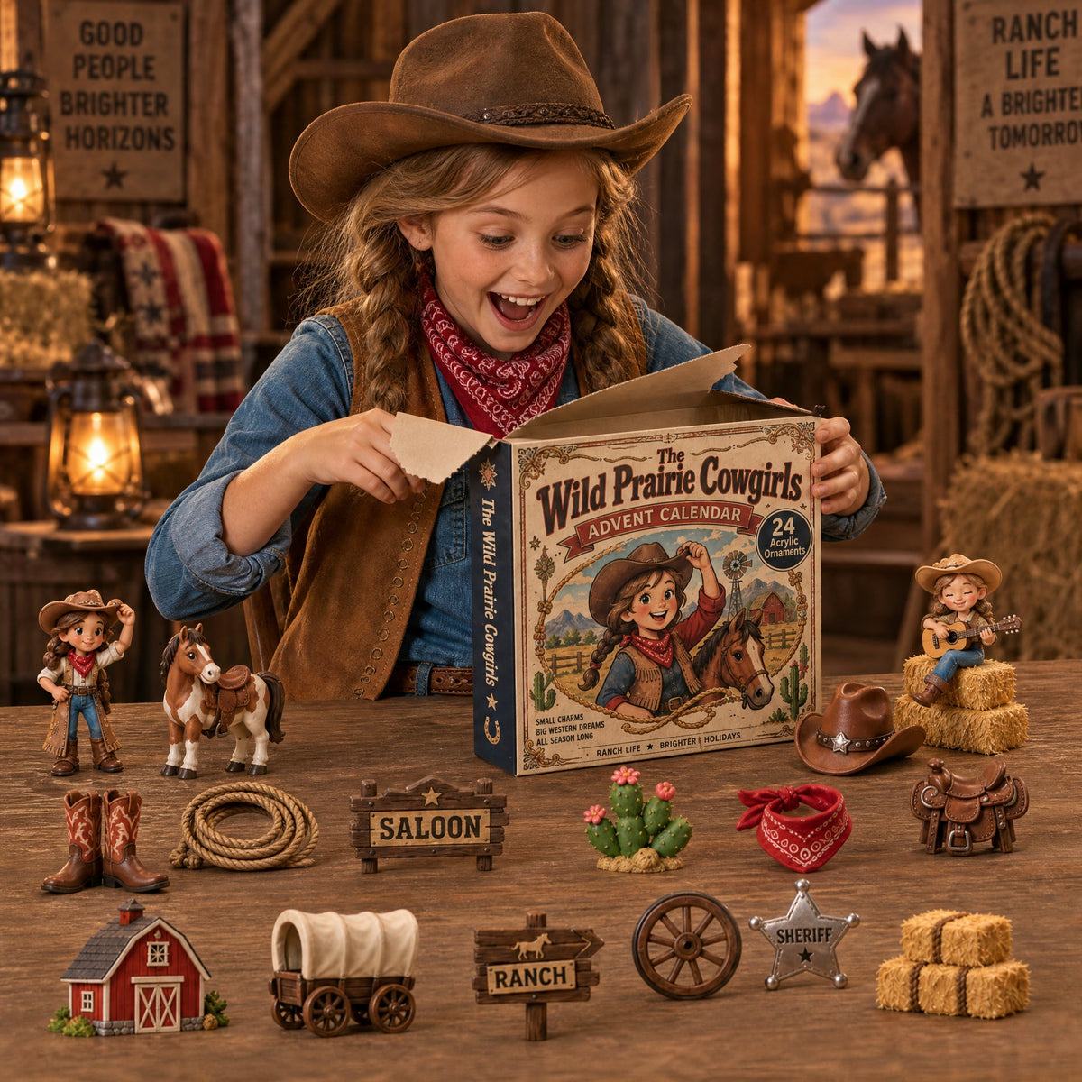 Wild Prairie Cowgirls Advent Calendar 2026 - 24-Day Festive Countdown, Acrylic Charms Blind Box