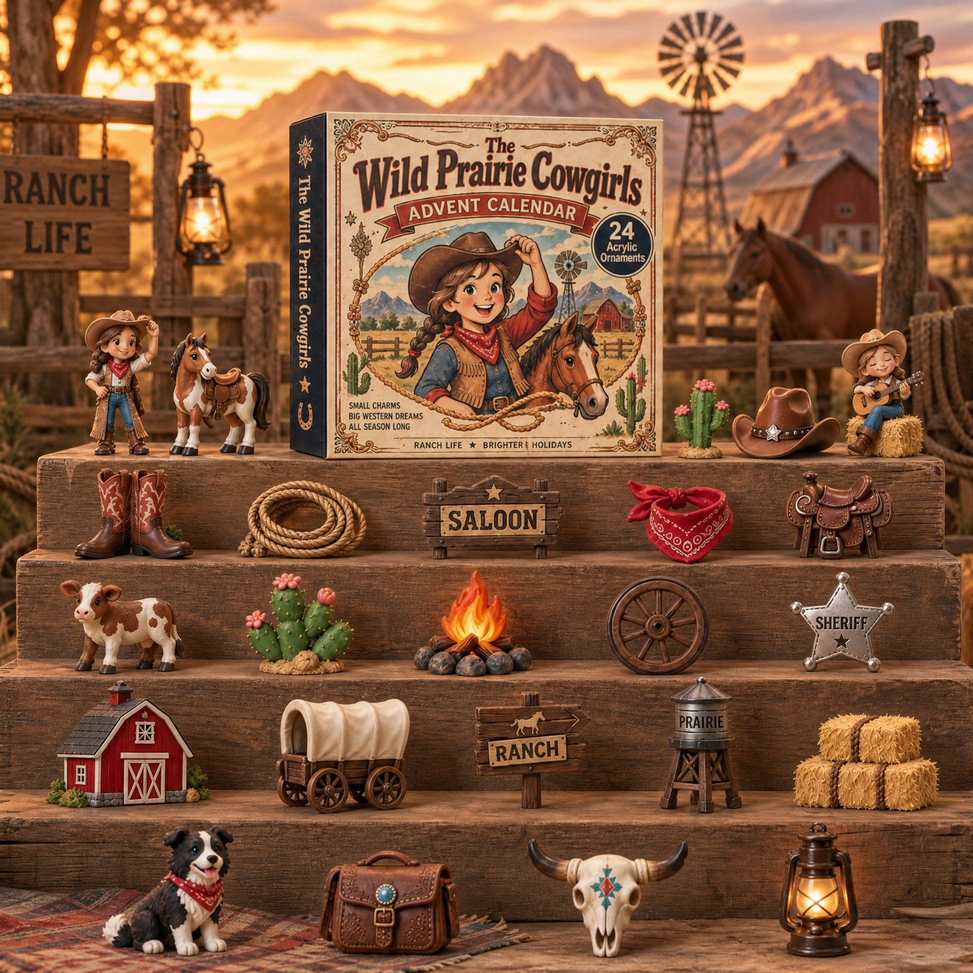 Wild Prairie Cowgirls Advent Calendar 2026 - 24-Day Festive Countdown, Acrylic Charms Blind Box