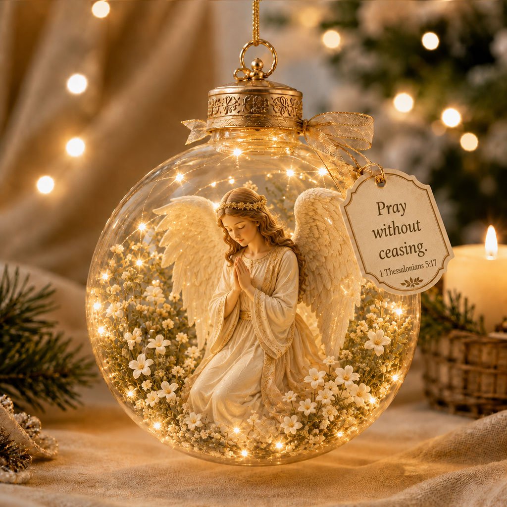 Warm glowing scripture keepsake beside a window