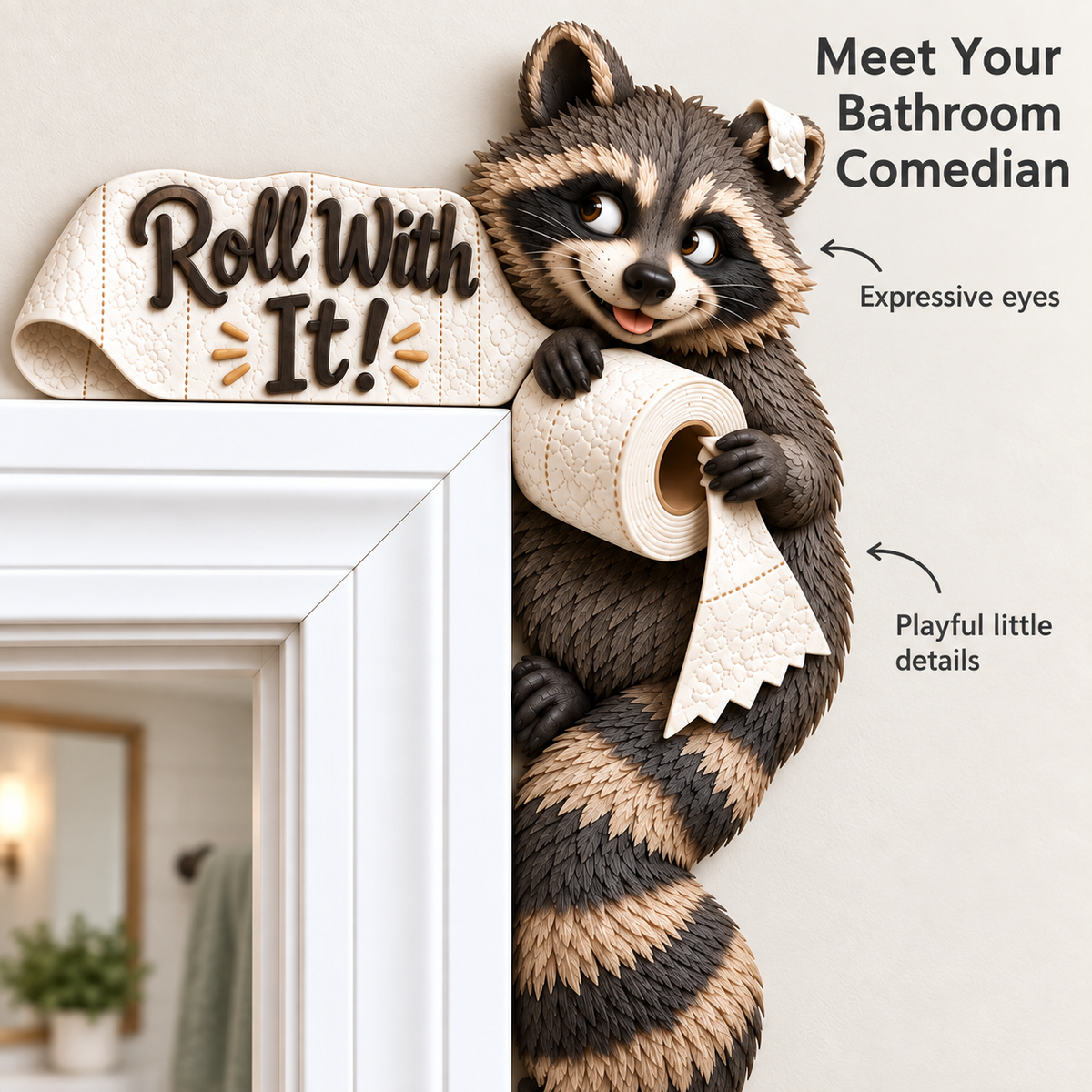 “Roll With It” Raccoon Door Frame Corner Decor