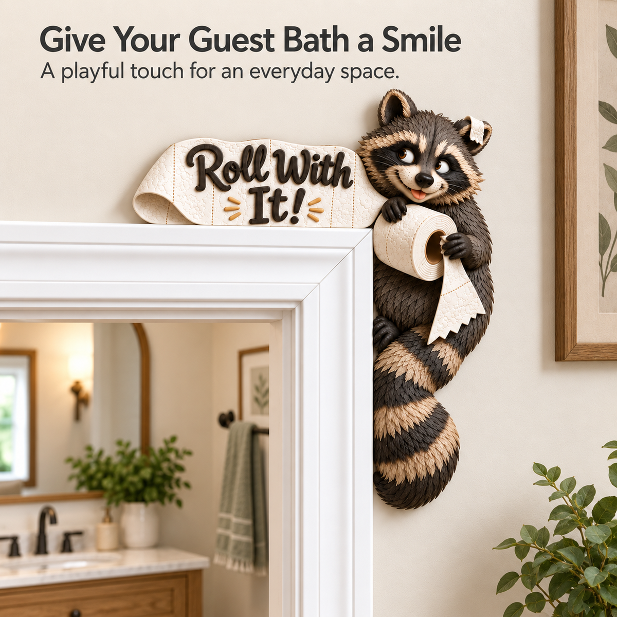 “Roll With It” Raccoon Door Frame Corner Decor