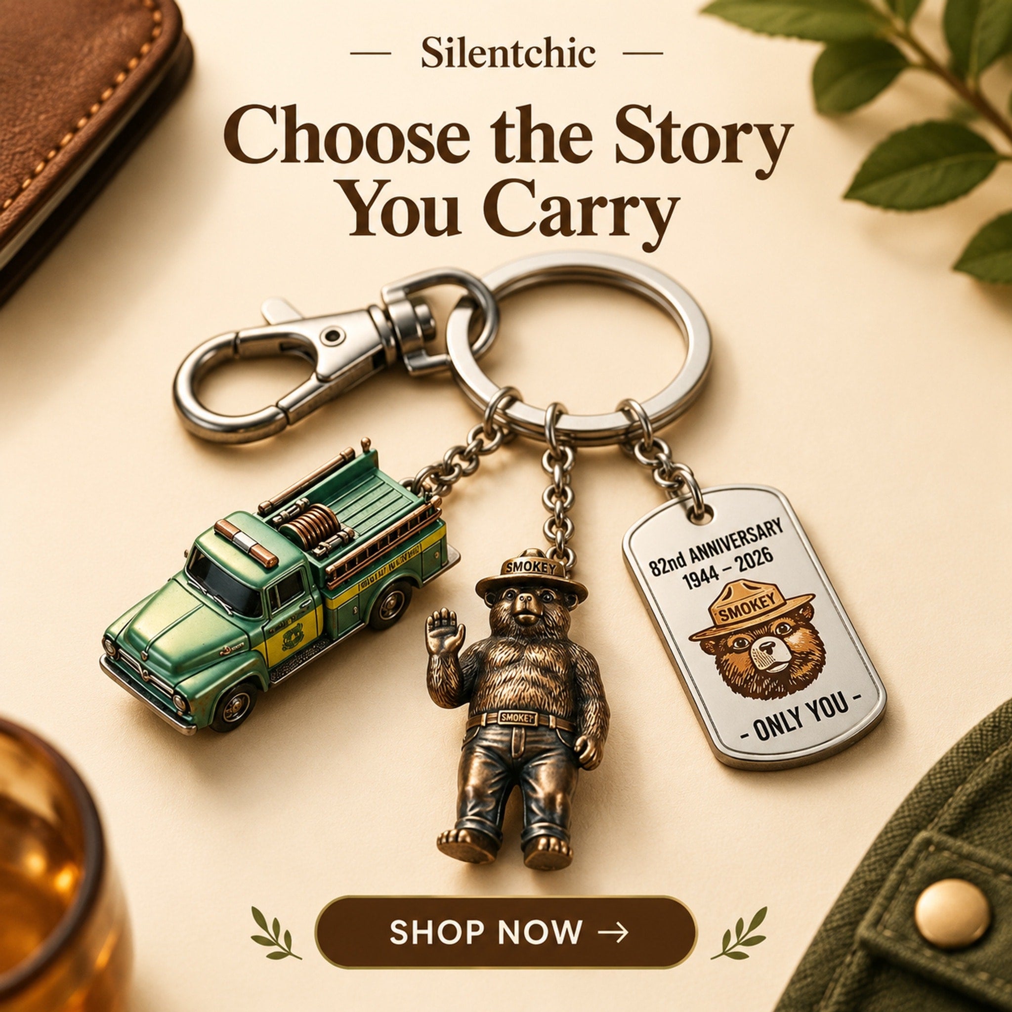 Close view of the three-charm commemorative keychain with a miniature green truck, bear figure, and 82nd-anniversary tag