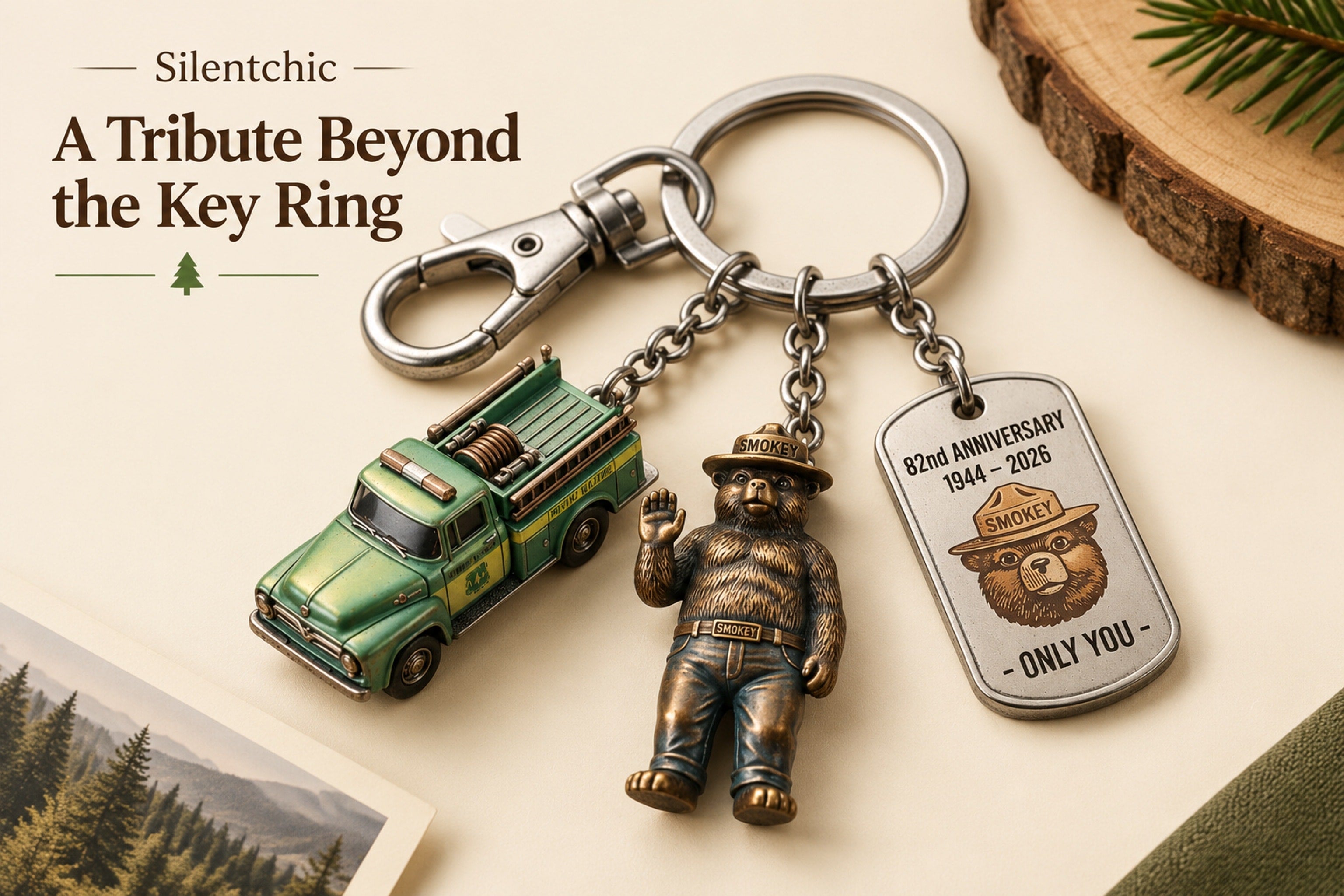 Close view of the green truck, bear figure, and anniversary-style pendant
