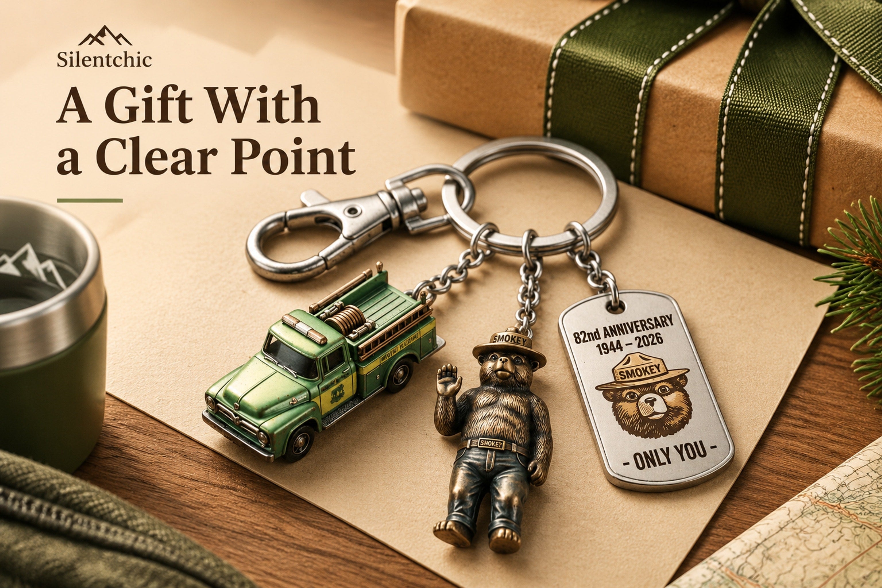 Key ring, clip, green miniature truck, bear figure, and dated dog-tag-style pendant