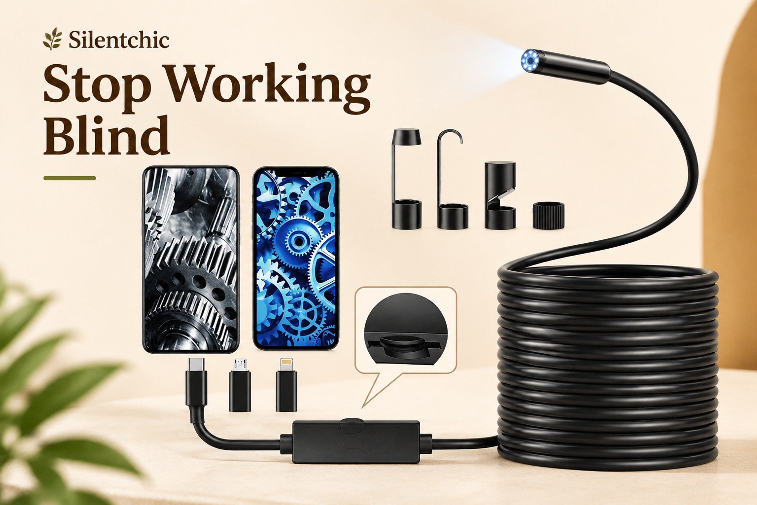 Phone endoscope camera, coiled cable, adapters, and inspection accessories