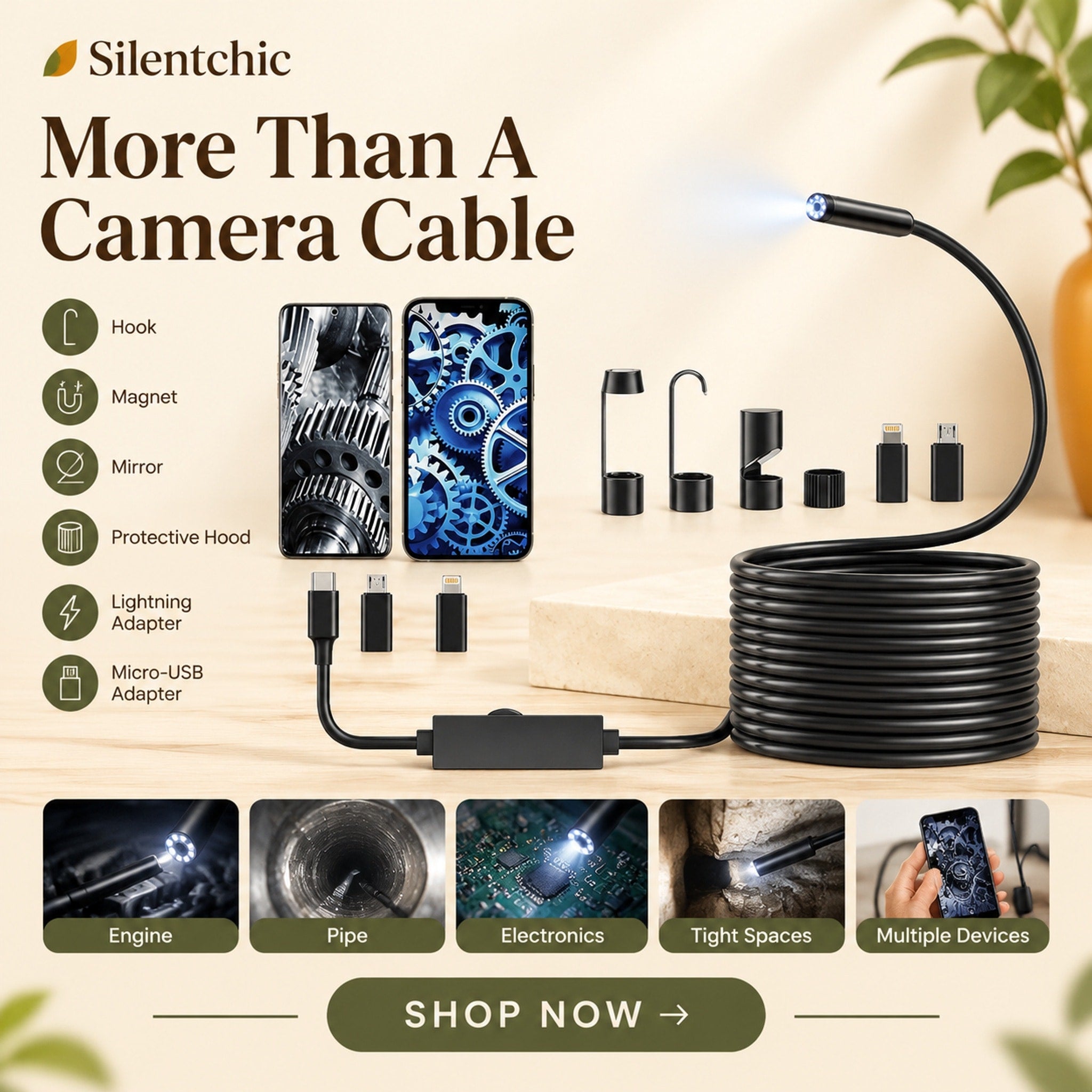 IP67-rated endoscope camera cable shown with its illuminated probe near water