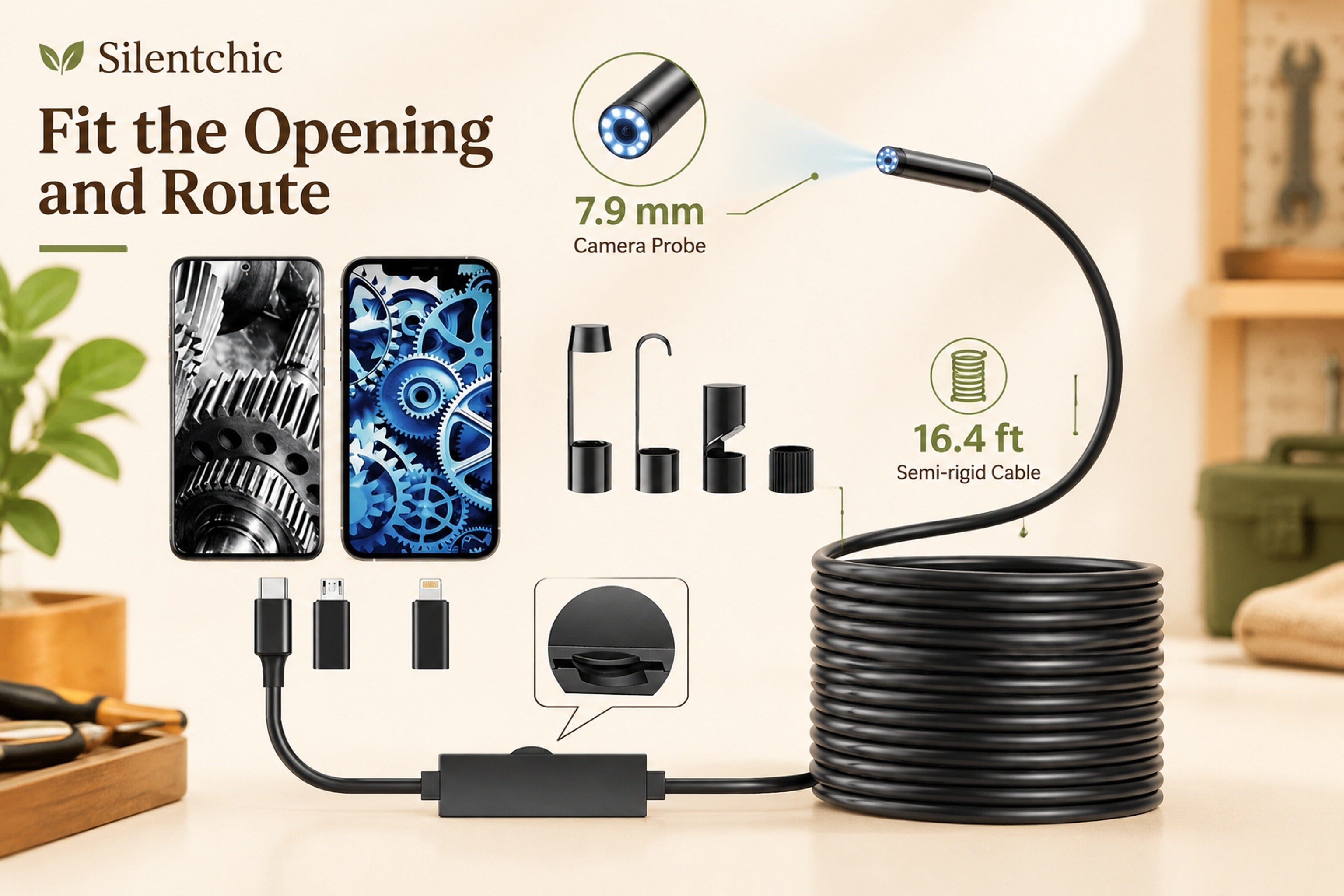 Slim endoscope probe beside a phone displaying a camera view