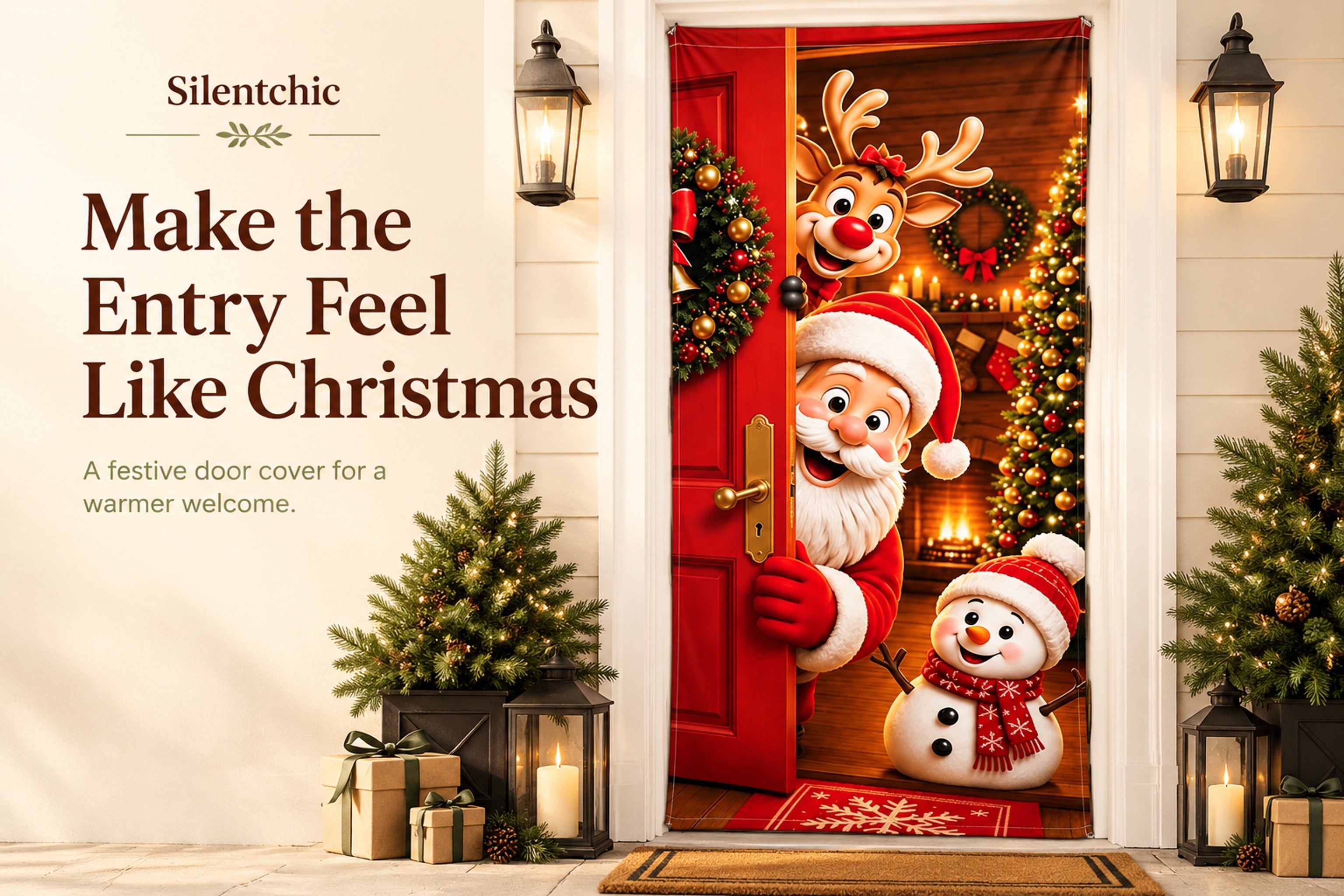 Santa and reindeer Christmas doorway scene with visible elastic edge detail
