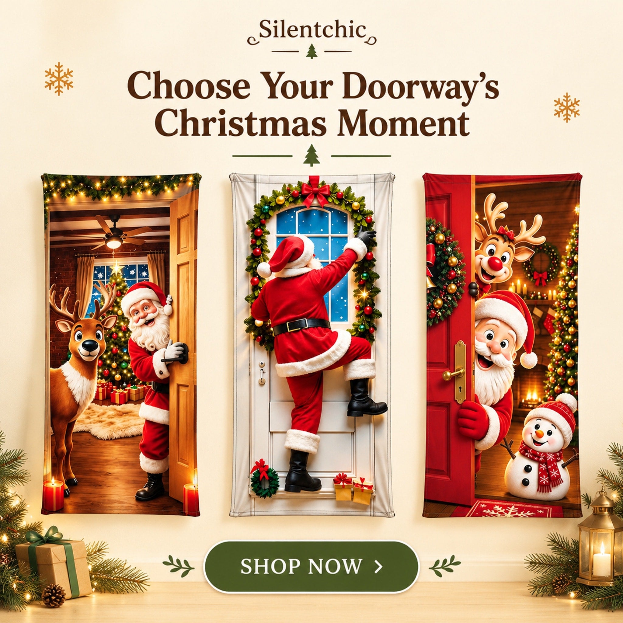 Christmas door cover with a Santa and reindeer scene, plus a close-up of its elasticized edge