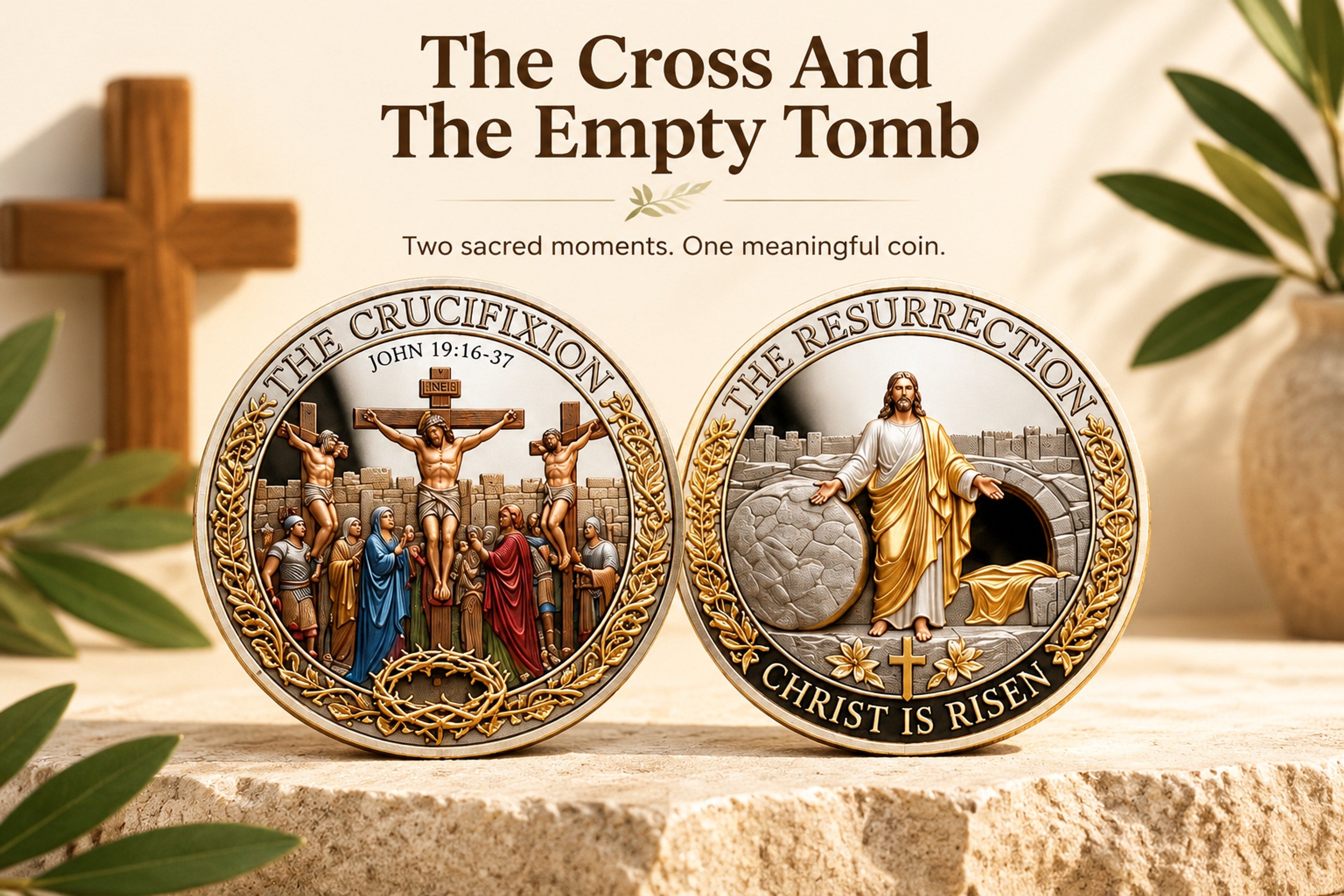 Crucifixion and Resurrection commemorative coin with gold- and silver-toned visible detailing