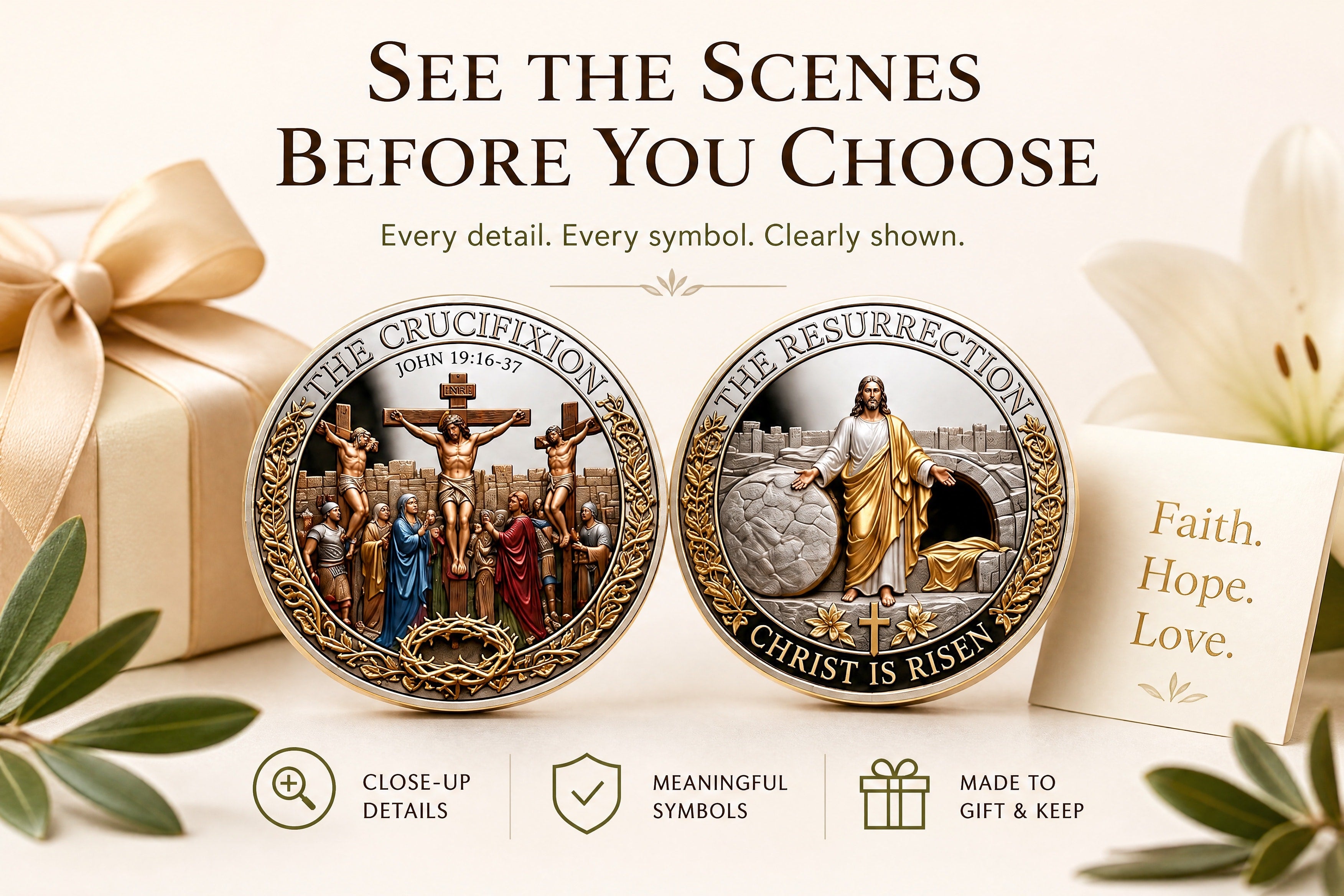 A thoughtful gift-selection moment before choosing a faith-centered keepsake