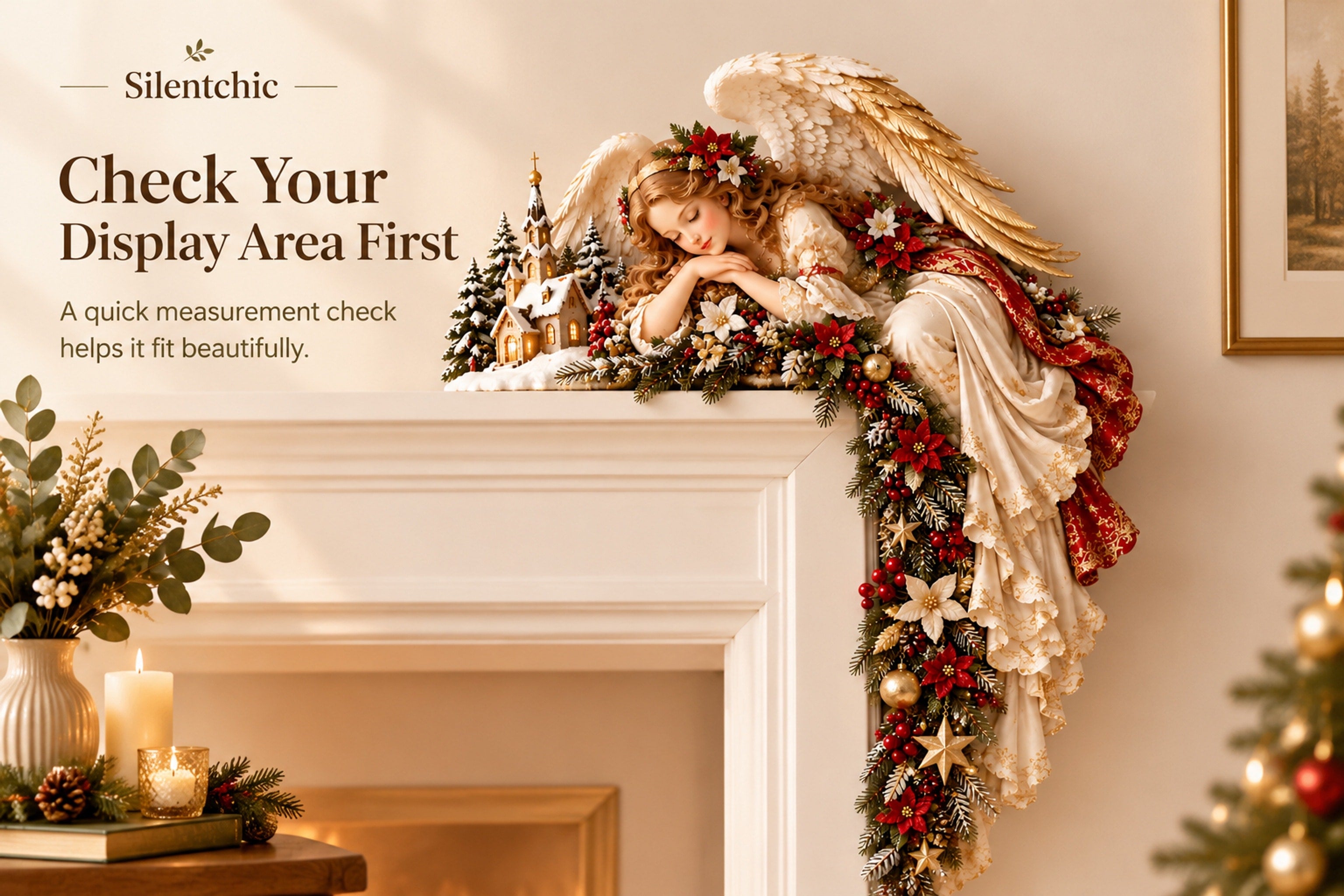 A fireplace or doorway corner before a large angel-led Christmas focal display is added