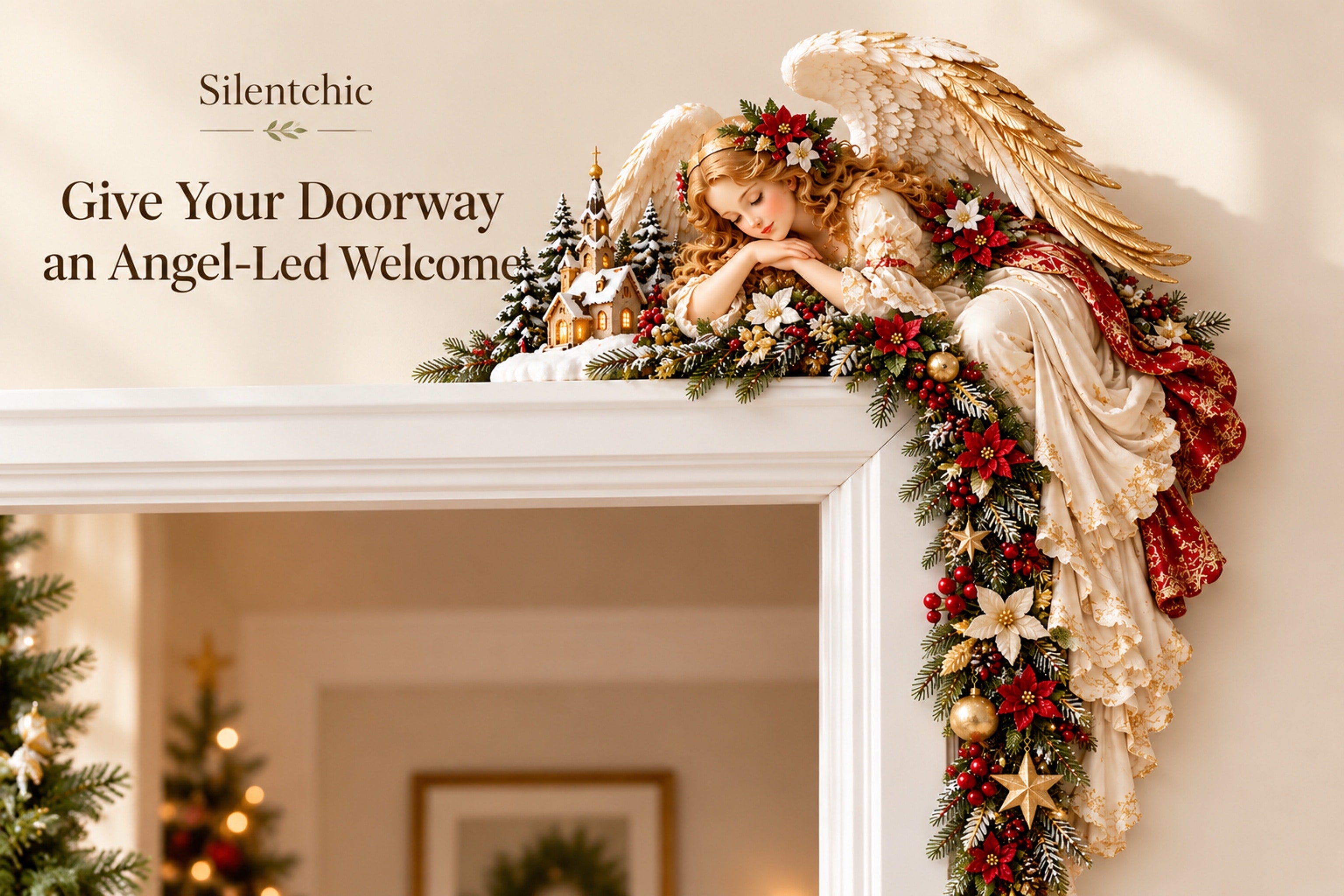 Resting angel with feathered wings, greenery, red florals, berries, and gold accents